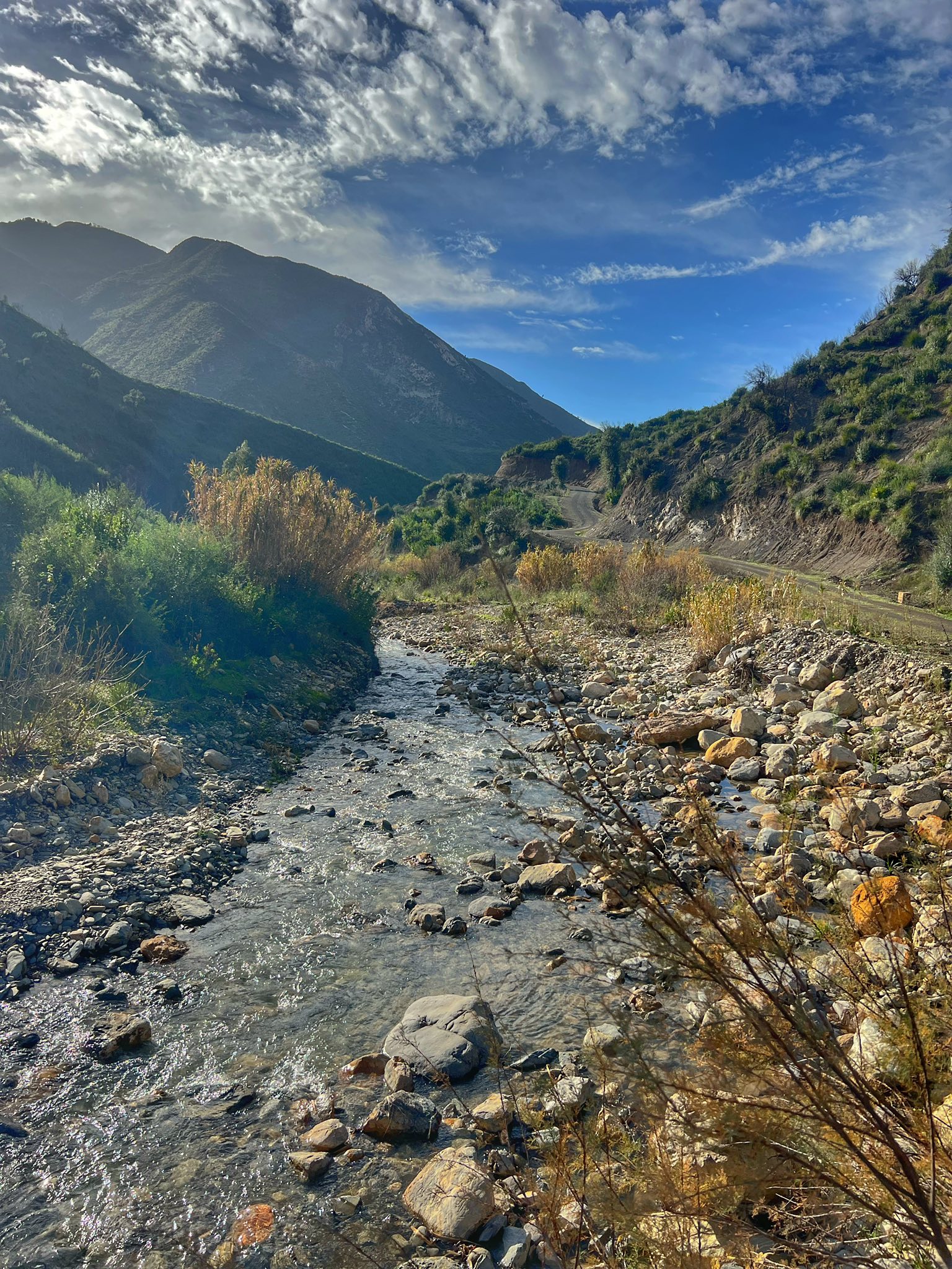 Beautiful mountain stream with dramatic clouds